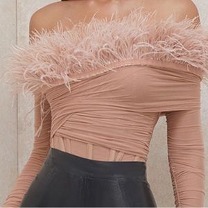 House of CB “Faith” Blush Off The Shoulder Feather Bodysuit